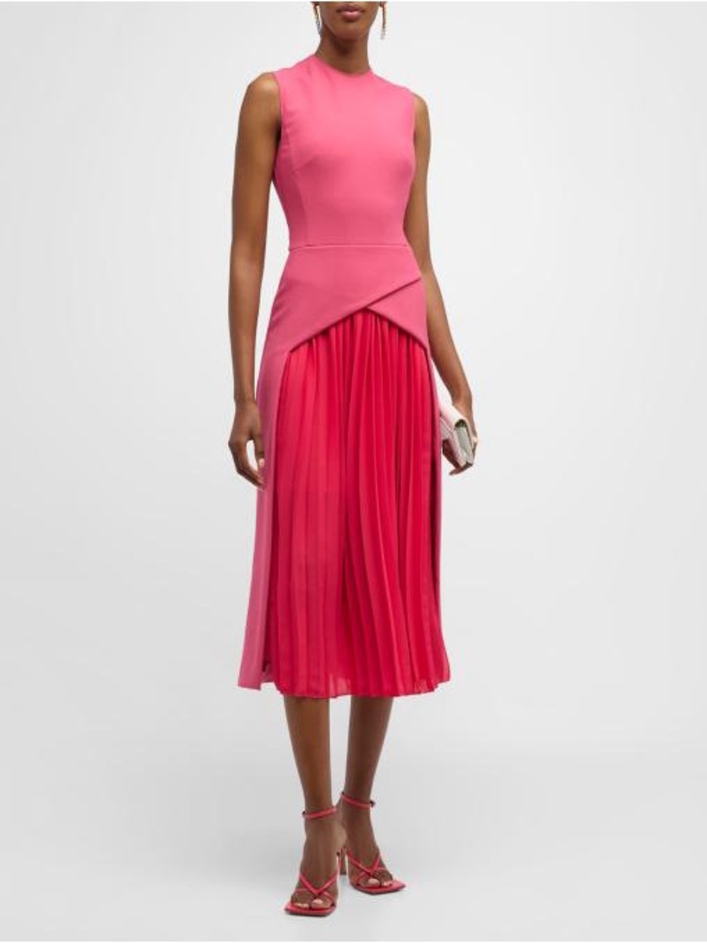 Oscar de la Renta Pink Sleeveless Belted Pleated Wool Midi Dress - Picture 11 of 11